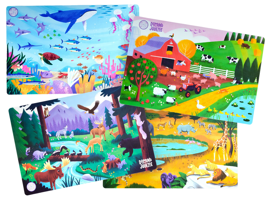 4-pack illustrated toddler placemats with farm, ocean, safari and woodland scenes