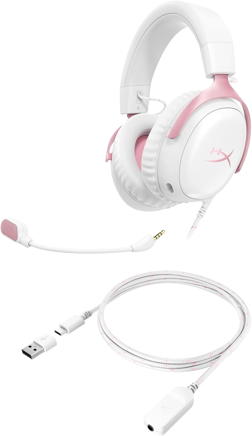 HyperX Cloud III pink gaming headset showing detachable noise-reducing microphone