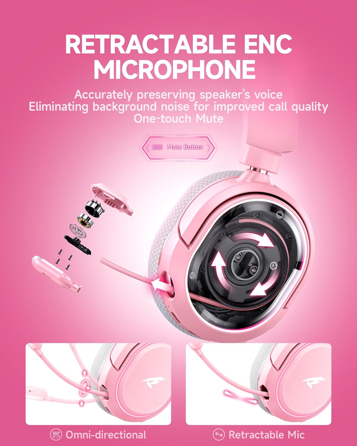 Pink Wireless Gaming Headset with Retractable ENC Microphone