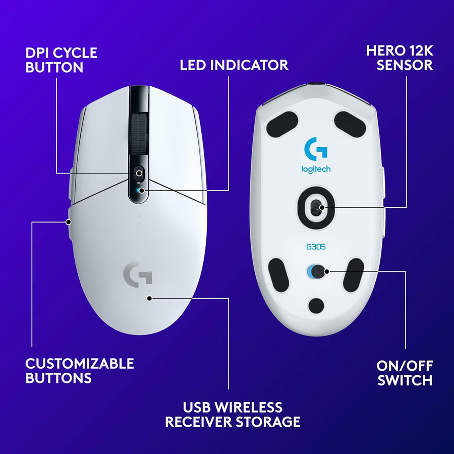 Logitech G305 LIGHTSPEED Wireless Gaming Mouse – HERO 12,000 DPI Sensor, 6 Programmable Buttons, 250-Hour Battery Life, White