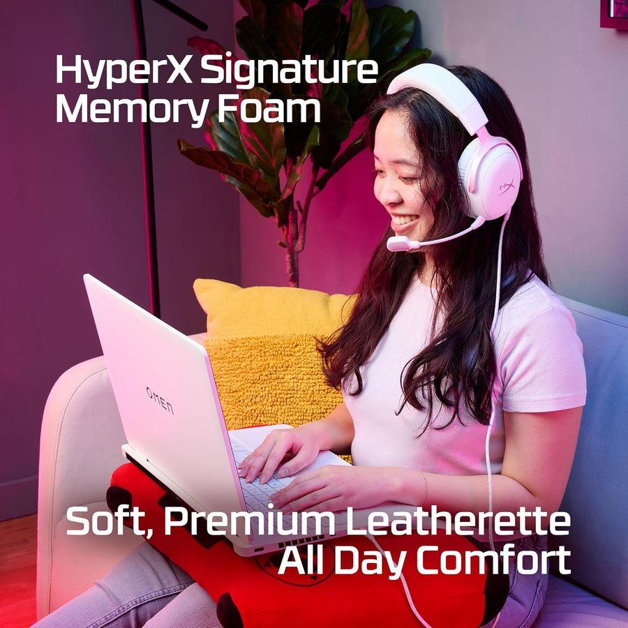 HyperX Cloud III pink gaming headset with aluminum frame, side profile