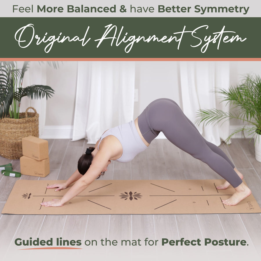 Biodegradable cork yoga mat with alignment lines