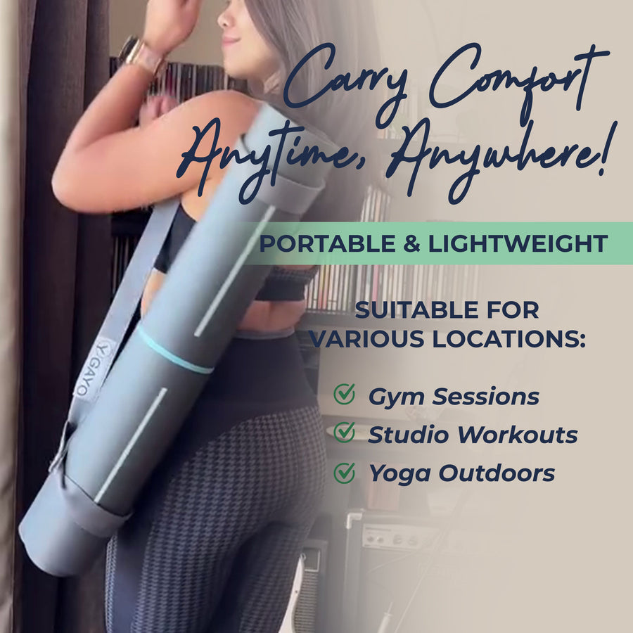 Eco Balance yoga mat portability infographic with carry strap