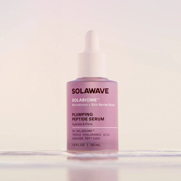 Solawave Solabiome pre- and probiotic plumping peptide serum bottle