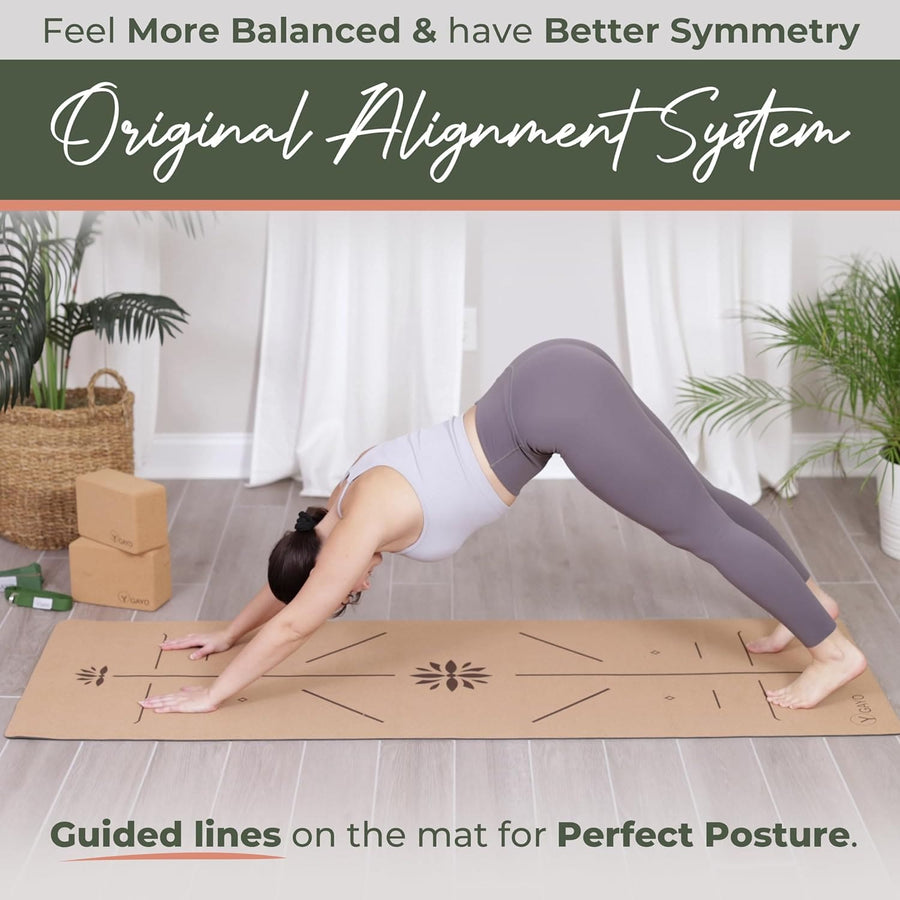 Non-toxic cork yoga mat with alignment lines