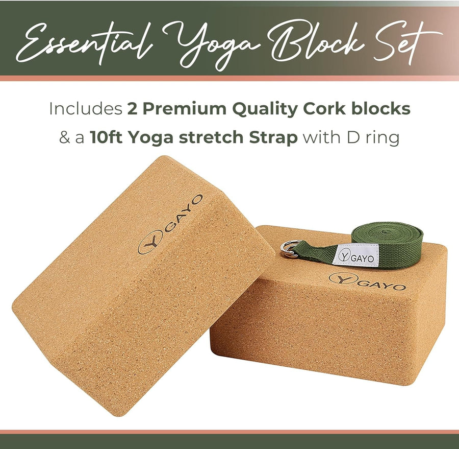 Sturdy cork yoga blocks set with carry strap