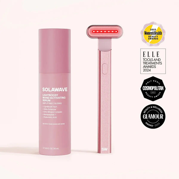 Solawave 4-in-1 skincare wand and activating serum kit in rose gold